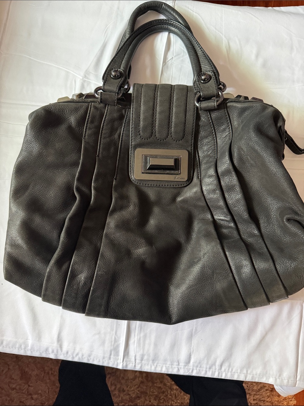 Guess by Marciano Black Leather Tote with Silver Plaque